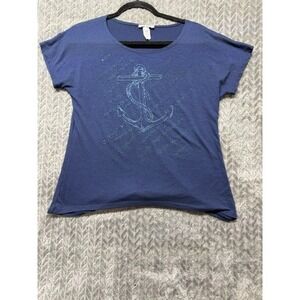 Forever Jade Womens Blue Anchor Graphic Beaded Short Sleeve T-Shirt Size L 0483